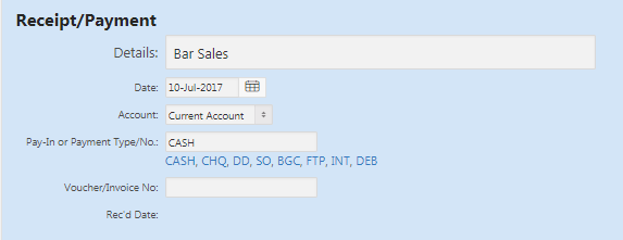 creating receipt payments help resource area